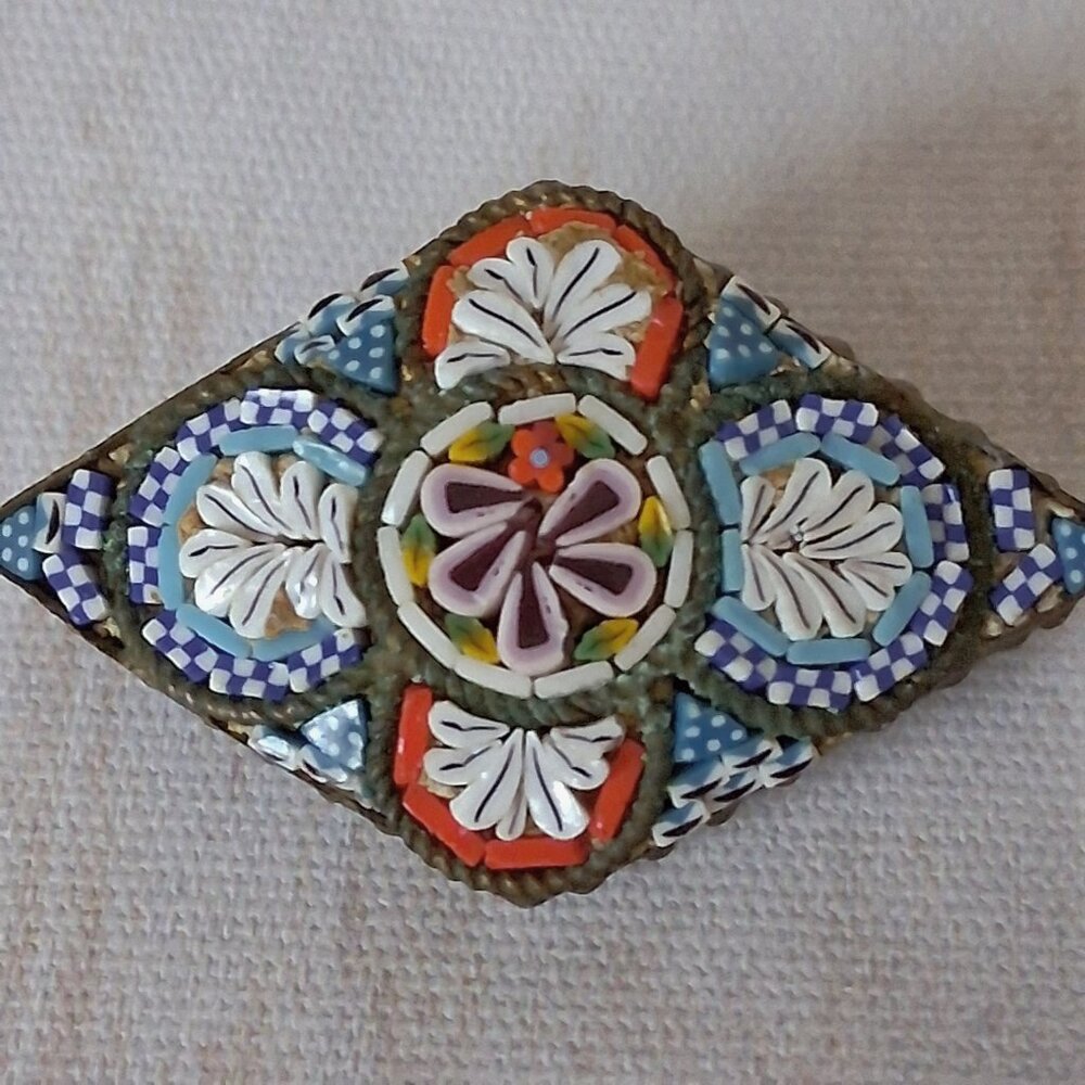 Vintage Italy micro mosaic pin brooch diamond shape